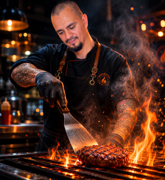 Chef cocinando burger sobre fuego